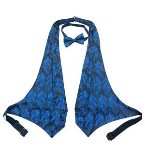 After Six Mens Vest and Bow Tie Set Black‎ Blue Feather Pattern Wedding Formal